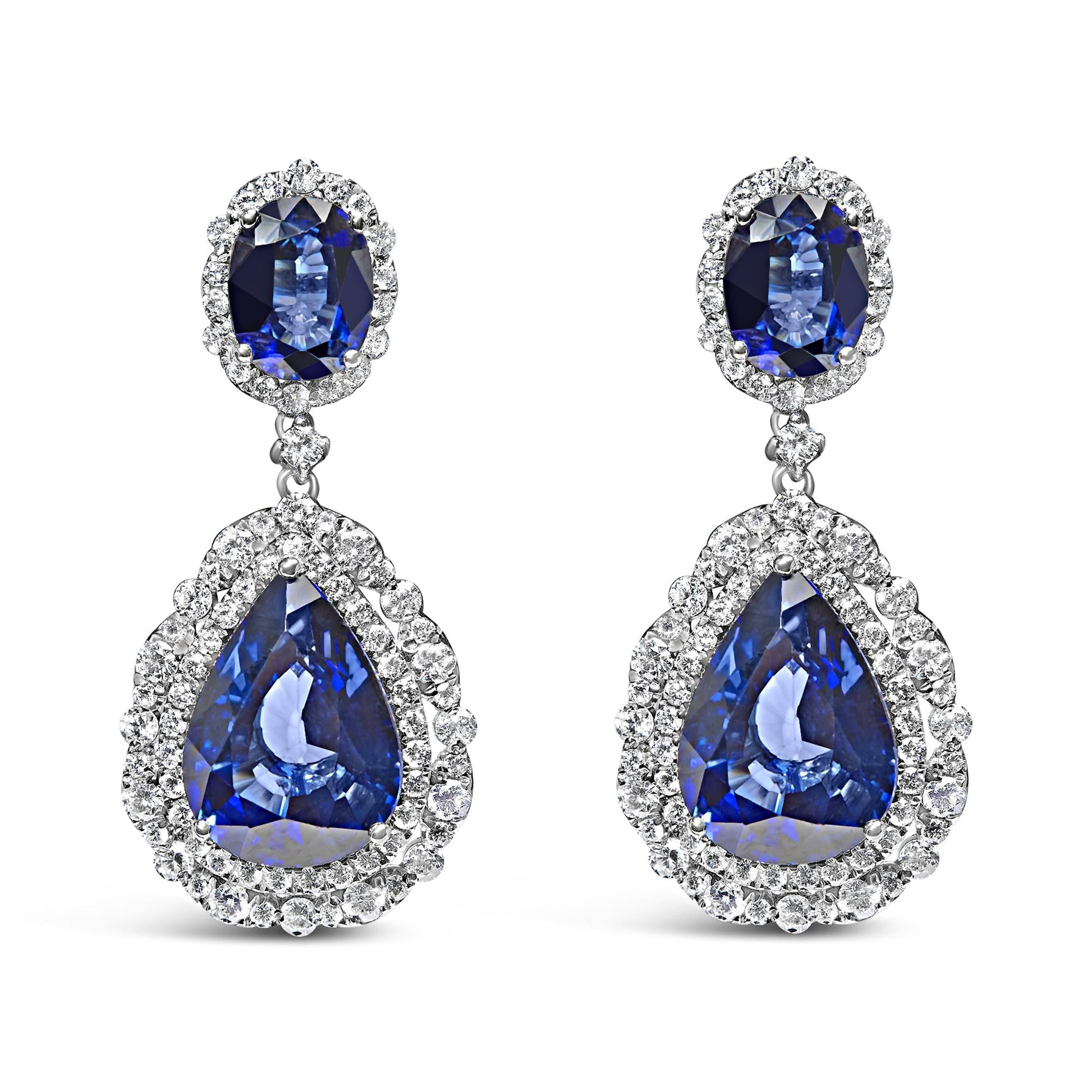 18K White Gold Blue Sapphire 2 3/4 Cttw Diamond Halo Drop Dangle Earring (G-H