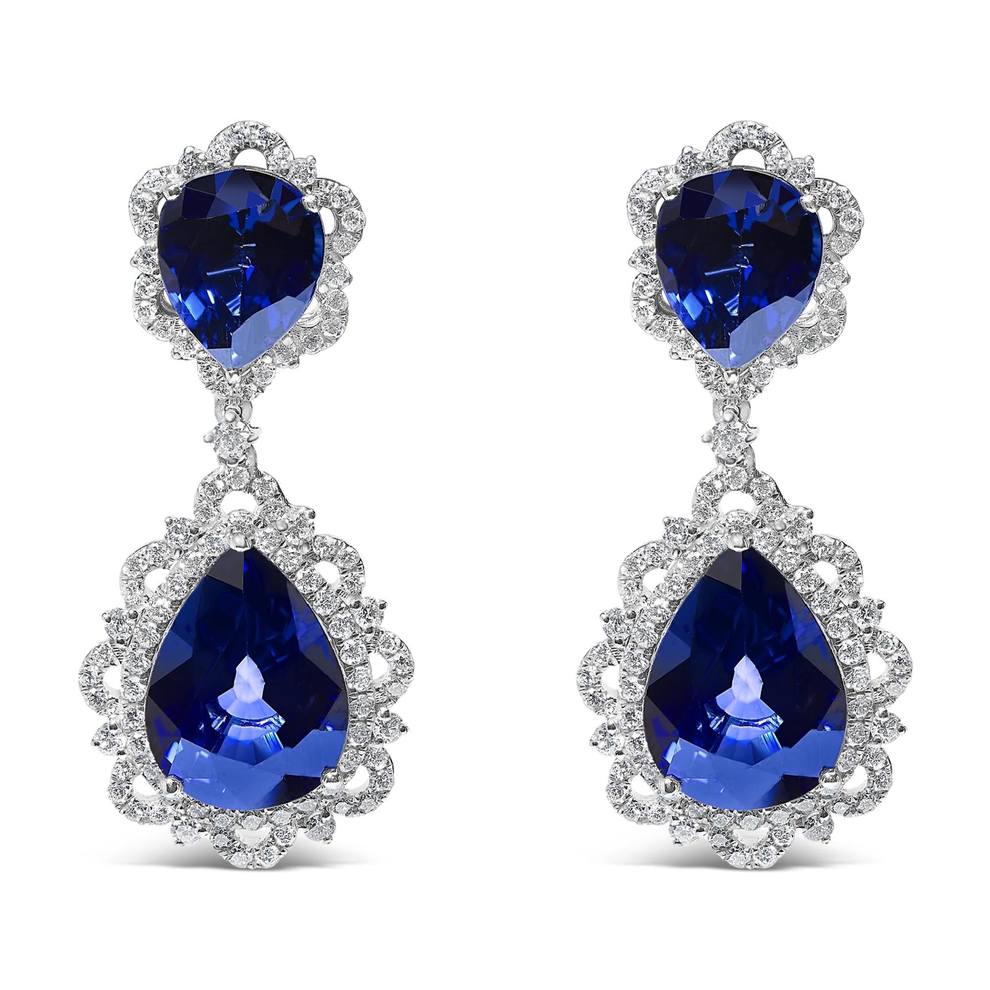 18K White Gold Blue Sapphire and Diamond 2.00 Cttw Diamond Halo Drop and Dangle