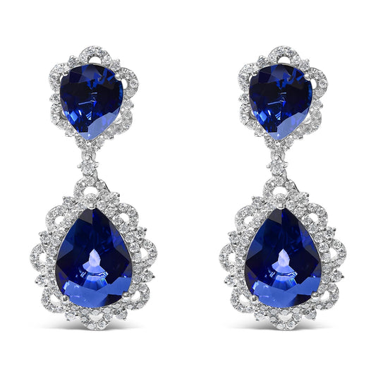 18K White Gold Blue Sapphire and Diamond 2.00 Cttw Diamond Halo Drop and Dangle