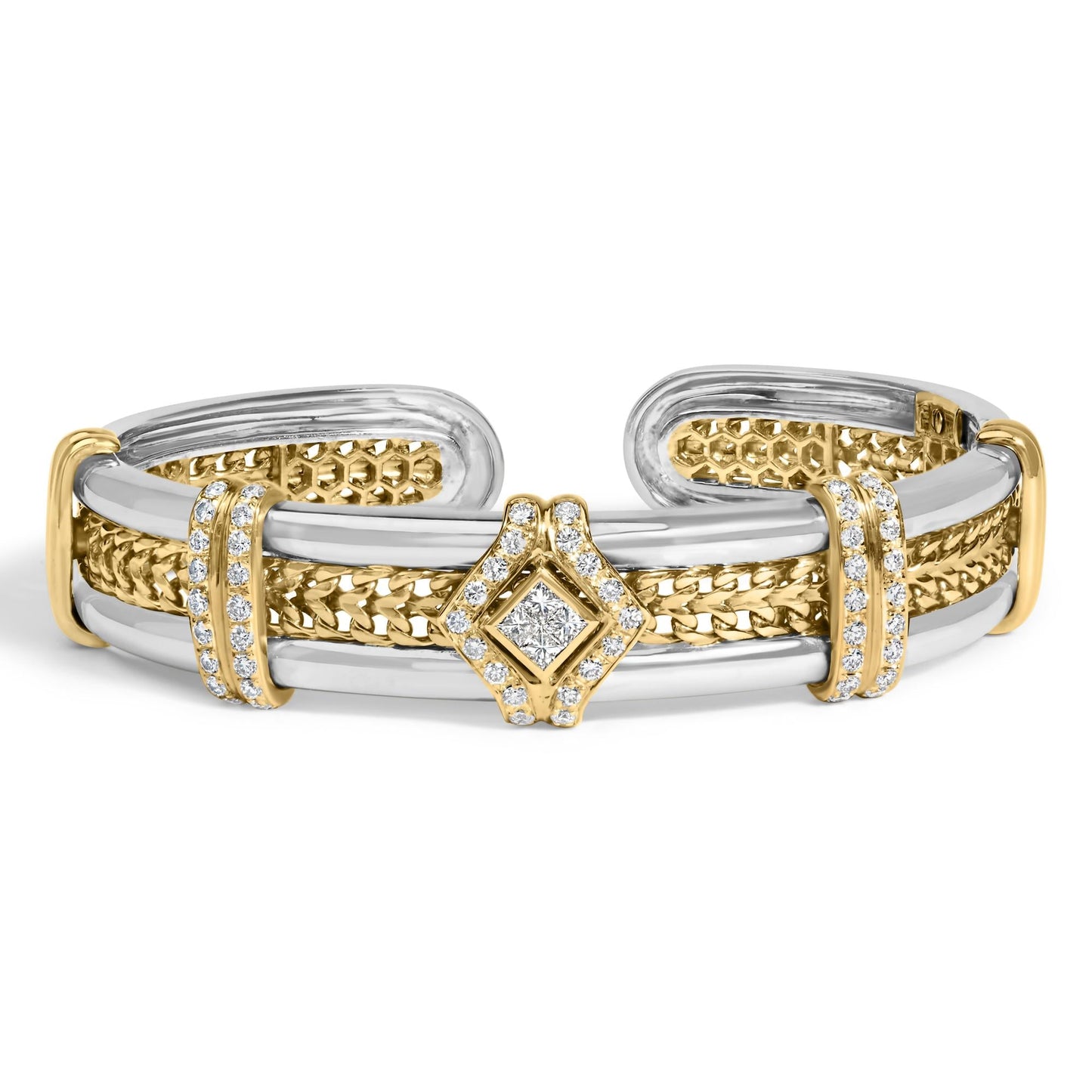 18K Two-Tone Gold 1 1/2 Cttw Diamond Open Cuff Bangle Bracelet Braided Detail Geometric Centerpiece (G-H Color, VS1-VS2 Clarity)