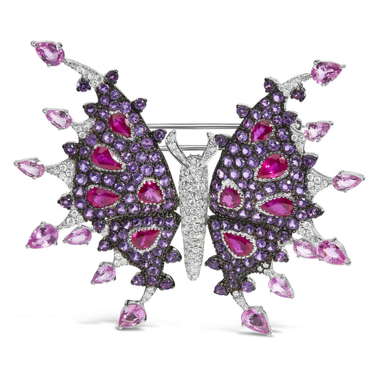 18K White Gold 1.00 Cttw Diamond, Ruby  Sapphire, and Amethyst Mixed Gemstone Butterfly Brooch Pin (G-H Color, VS1-VS2 Clarity)