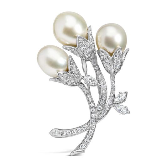 18K White Gold 2 1/5 Cttw Diamond and South Sea Pearl Floral Brooch Pin (G-H