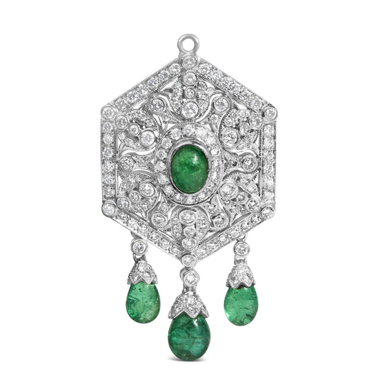 18K 2 3/4 Cttw Diamond and Emerald Dangle Art Deco Shield Brooch Pin Pendant (G-H Color, VS1-VS2 Clarity) CHAIN NOT INCLUDED