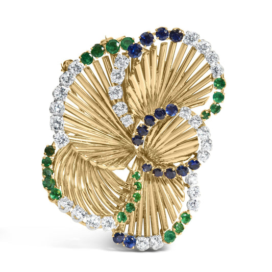 18K Yellow Gold 2 1/3 Cttw Diamond, Sapphire, and Emerald Sculpted Petal Brooch Pin (G-H Color, VS1-VS2 Clarity)