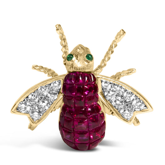 18K Yellow Gold 3/8 Cttw Diamond and 6 3/4 Cttw Red Ruby Bumblebee Brooch Pin