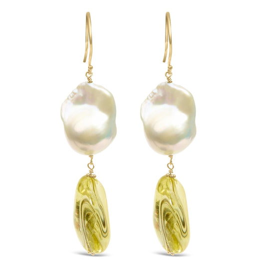 14K Yellow Gold Citrine and Baroque Pearl Drop and Dangle Earrings 1 3/4 Inch