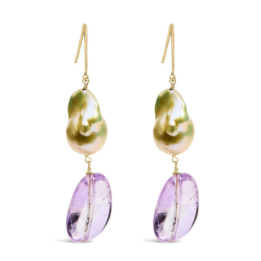 14K Yellow Gold Amethyst and Baroque Pearl Drop and Dangle Earrings 2" Inch Dangle Length