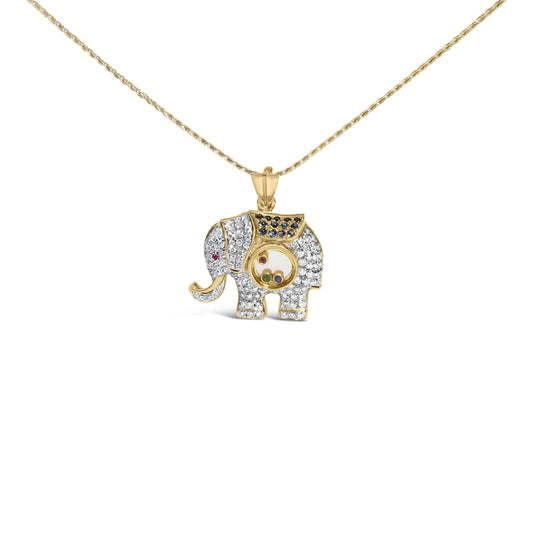 18K Yellow Gold 3/4 Cttw Diamond Elephant Shaker Pendant Necklace with Emerald, Ruby, and Sapphire (G-H Color, VS2-SI1 Clarity)