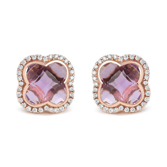 18K Rose Gold 3/8 Cttw Diamond and 11x11mm Clover-Cut Purple Amethyst Gemstone