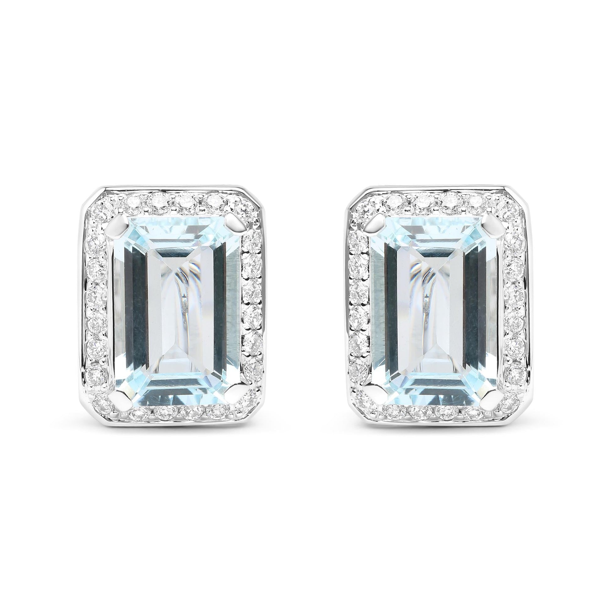 18K White Gold 3/4 Cttw Round Diamond and 13x9mm Emerald Cut Blue Aquamarine