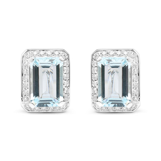 18K White Gold 3/4 Cttw Round Diamond and 13x9mm Emerald Cut Blue Aquamarine