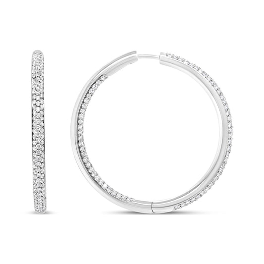 18K White Gold 2.00 Cttw Round-Cut Diamond Inner-Outer Hoop Earrings (F-G Color