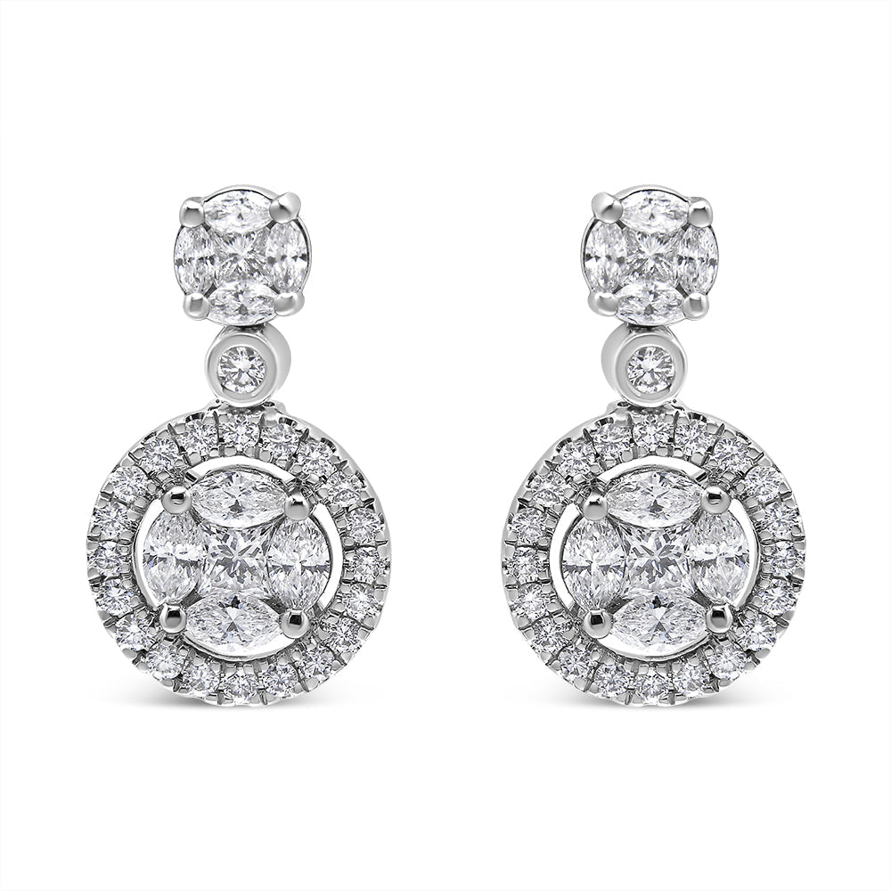 18K White Gold 2.0 Cttw Round Shape Diamond Composite Halo Dangle Stud Earring