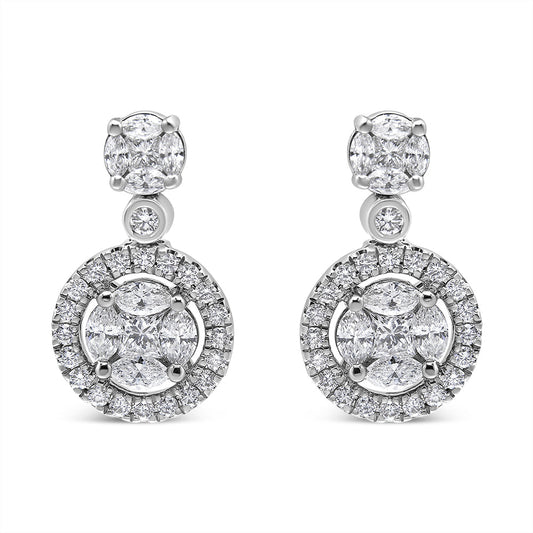 18K White Gold 2.0 Cttw Round Shape Diamond Composite Halo Dangle Stud Earring