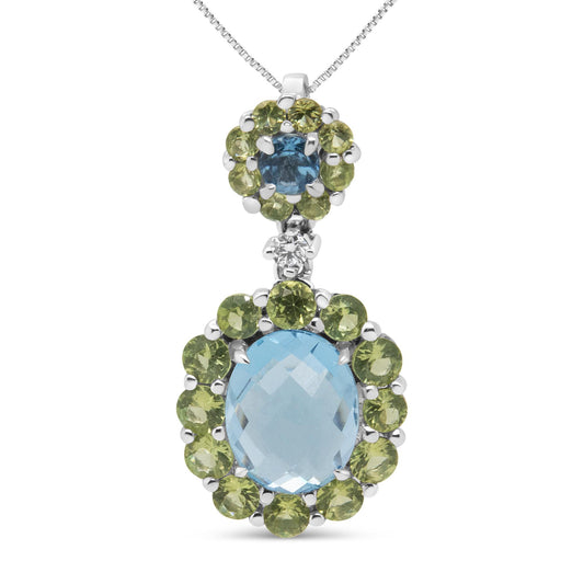 18k White Gold 0.05 Cttw Round Diamond and Blue Topaz and Green Peridot