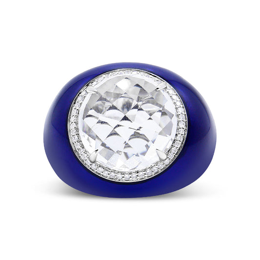 18K White Gold 14mm White Quartz and 1/5 Cttw Diamond Halo with Blue Enamel