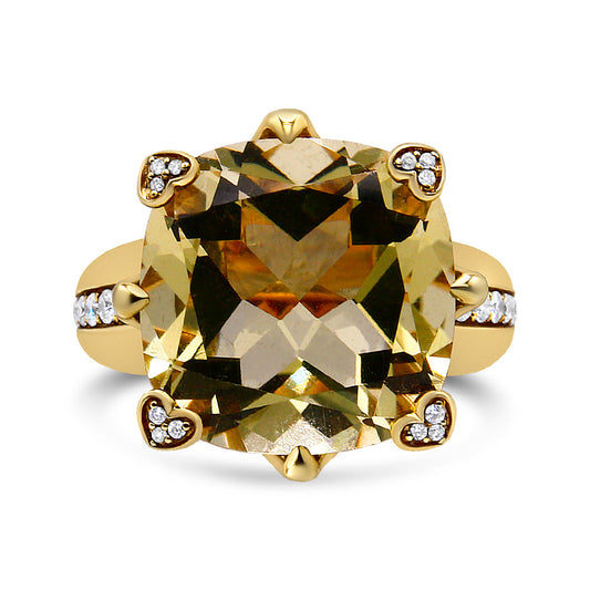 18K Yellow Gold 15x15mm Cushion Cut Lemon Quartz and 1/4 Cttw Diamond Accented