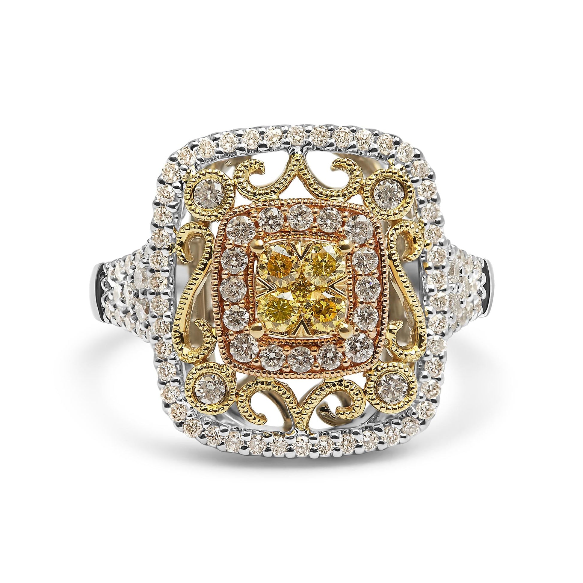 14K Tri-Toned Gold 1.00 Cttw Yellow Diamond Halo and Milgrain Cocktail Cluster