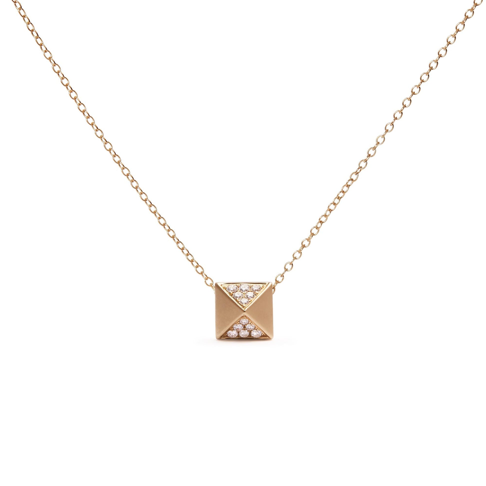 14K Yellow Gold 1/4 Cttw Diamond Matte Finished Pyramid Pendant Necklace (G-H