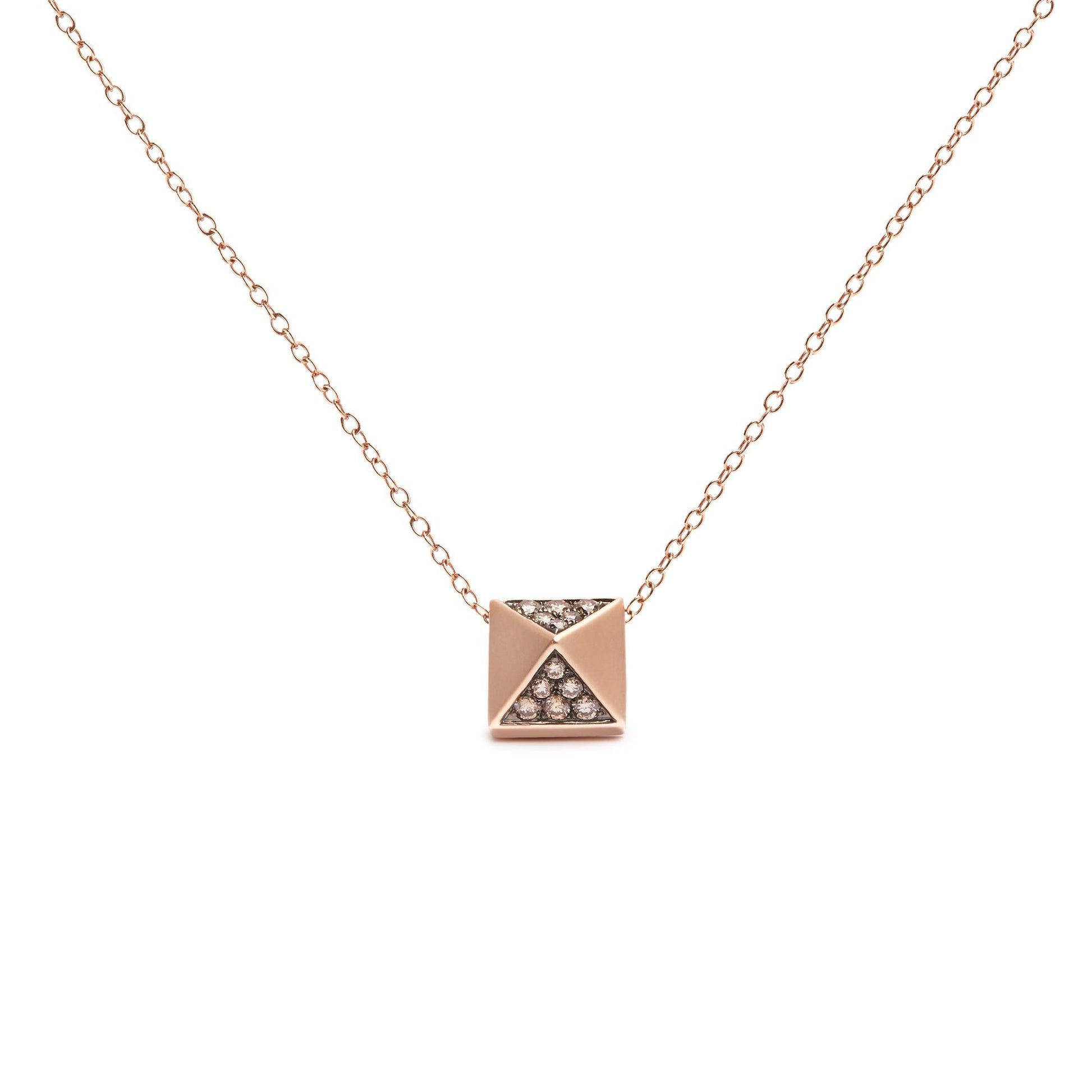 14K Rose Gold 1/4 Cttw Brown Diamond Matte Finished Pyramid Pendant Necklace