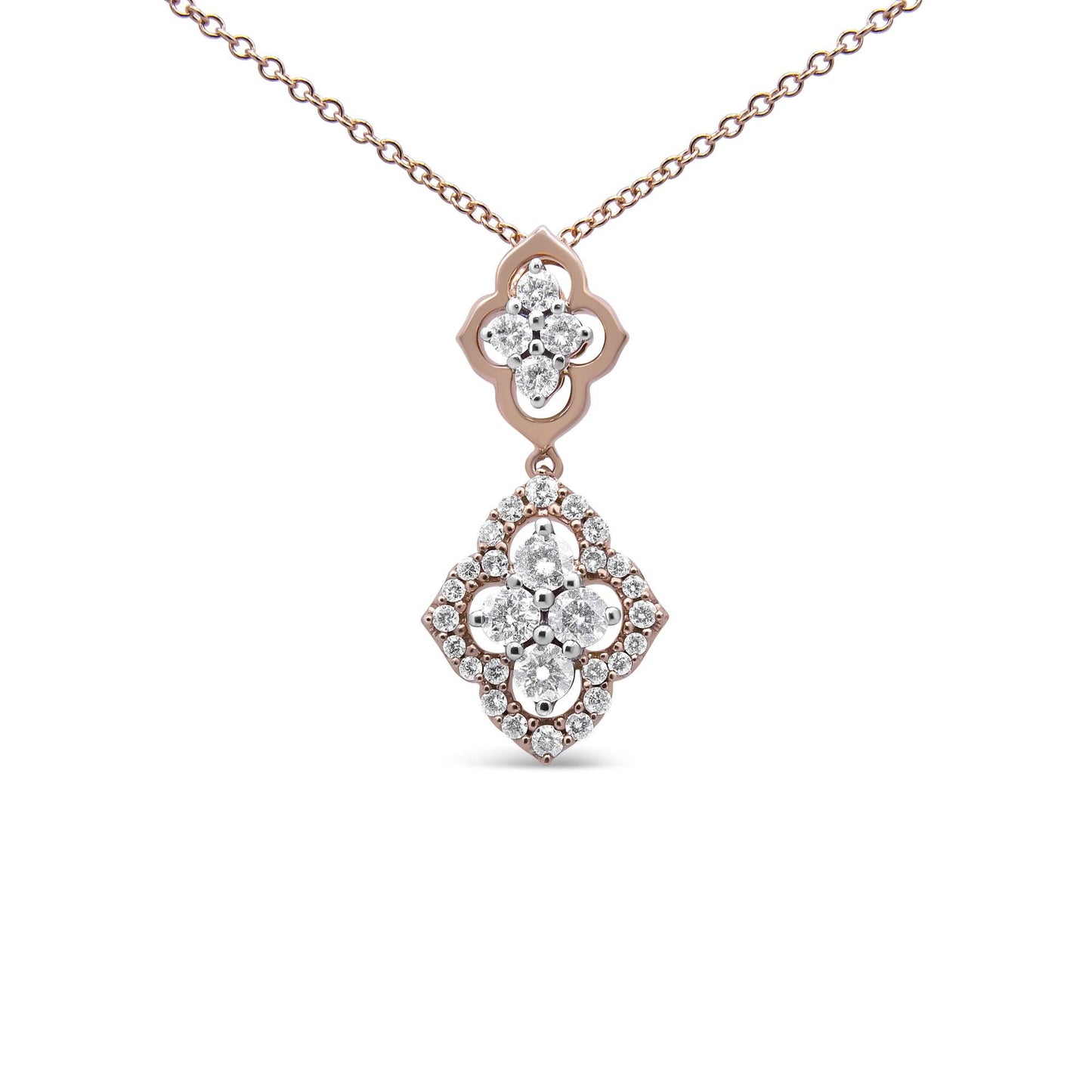 14K Rose Gold 3/4 Cttw Round Diamond Double Quatrefoil Pendant 18’’