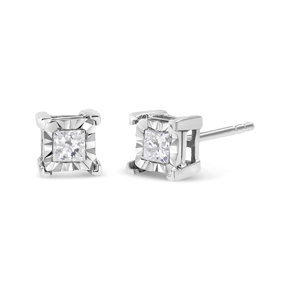 .925 Sterling Silver Miracle Set Princess-cut Diamond Solitaire Stud Earrings