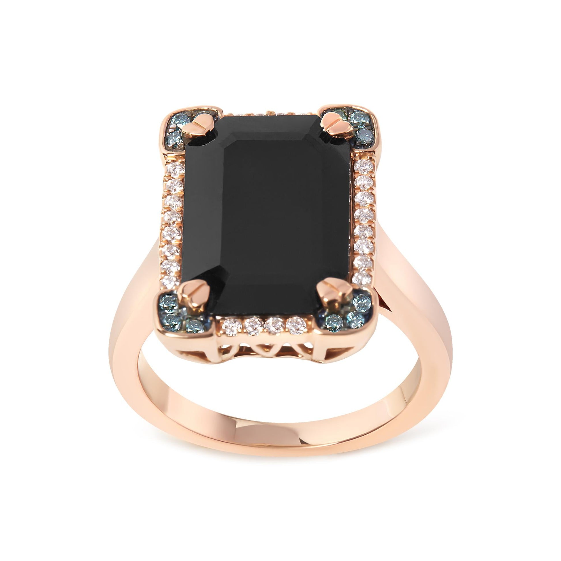 14K Rose Gold 15x10 MM Emerald-Cut Black Onyx and 1/5 Cttw Blue and White