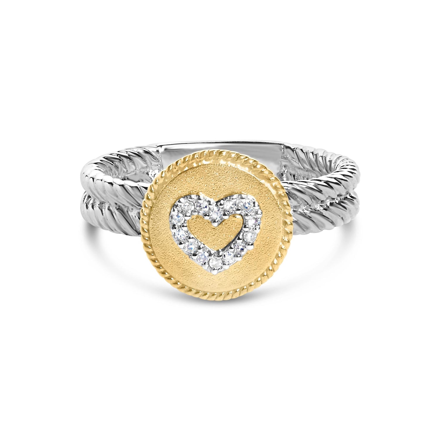 18K Yellow Gold Plated.925 Sterling Silver Diamond Heart Ring with Satin Finish