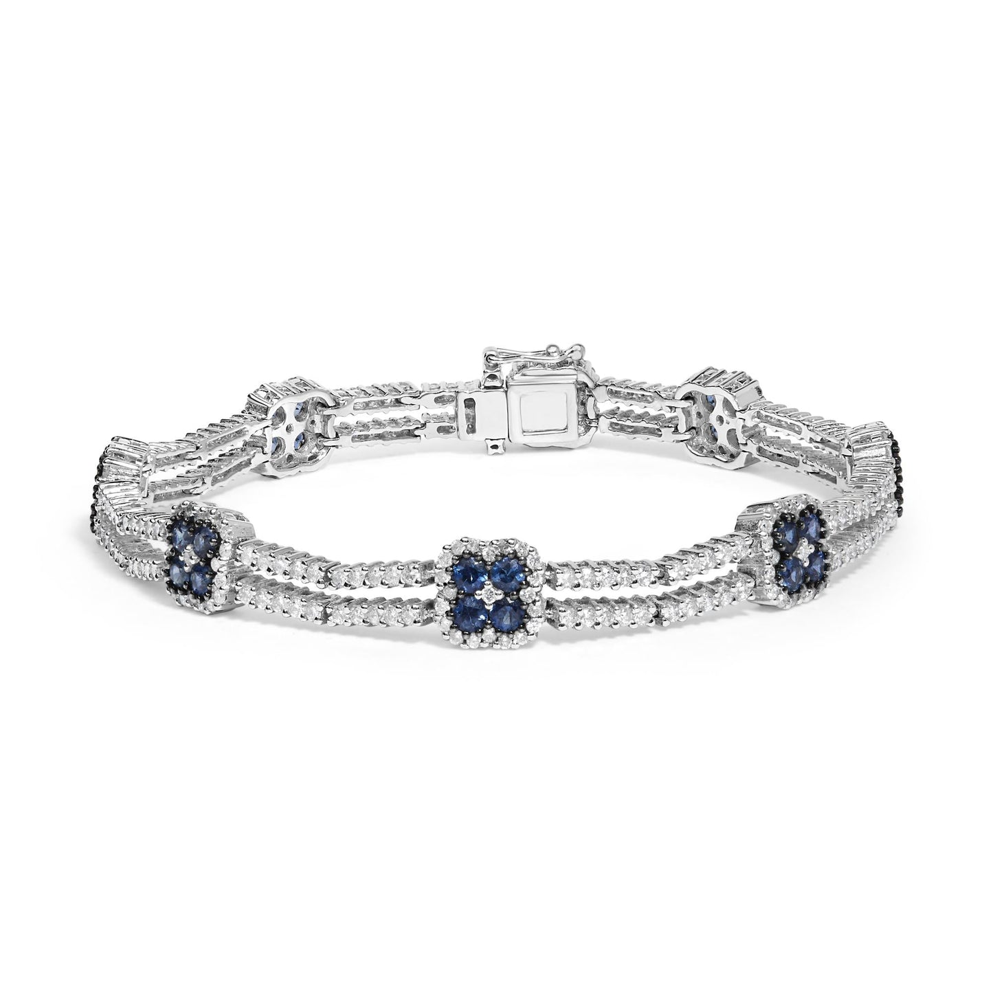 18K White Gold 2 3/4 Cttw Diamond and 3x3MM Sapphire Double Row Link Bracelet