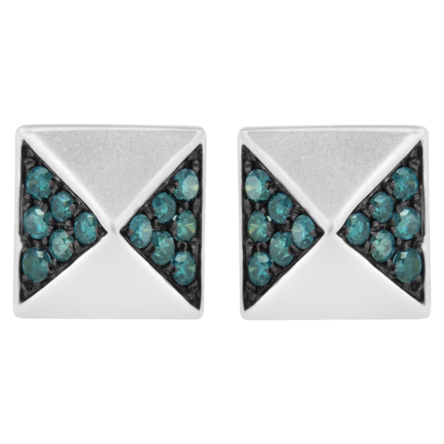 14K White Gold 1/4 Cttw Treated Blue Diamond Pyramid Stud Earring (Blue Color