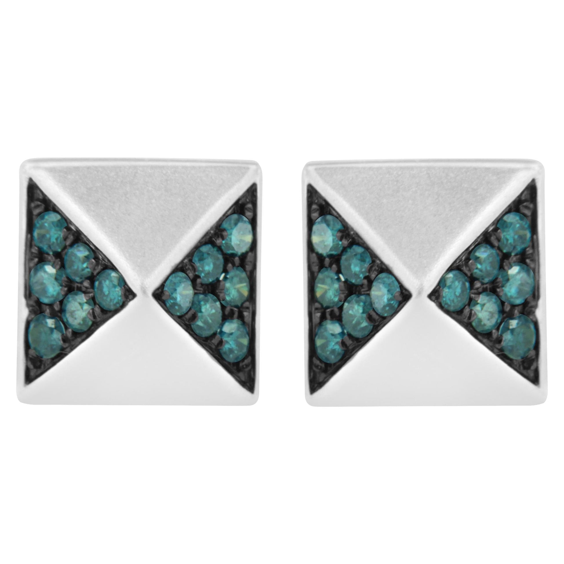 14K White Gold 1/4 Cttw Treated Blue Diamond Pyramid Stud Earring (Blue Color