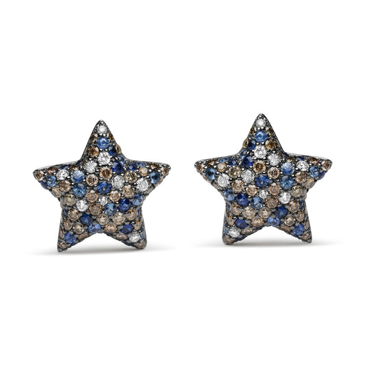 Black Rhodium Plated 18K White Gold 1.00 Cttw Diamond and Round Blue Sapphire Gemstone Micro-Pave Star Stud Earrings (Brown and G-H Color, SI1-SI2 Clarity)