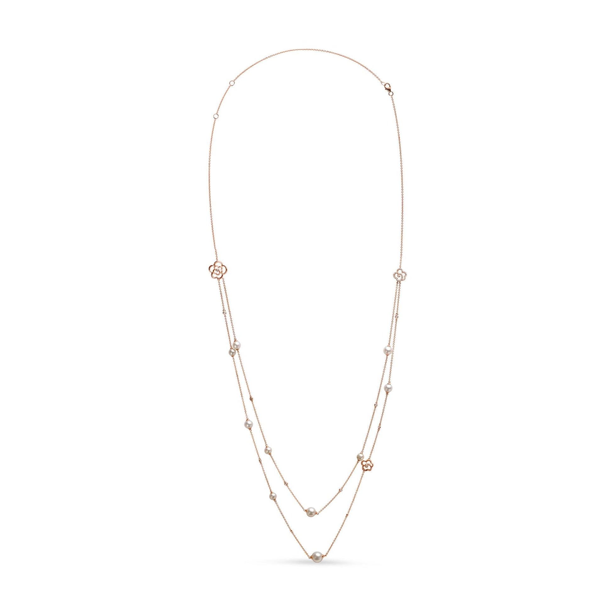 18K Rose Gold 1/2 Cttw Diamond and Freshwater Pearl Double Strand Station