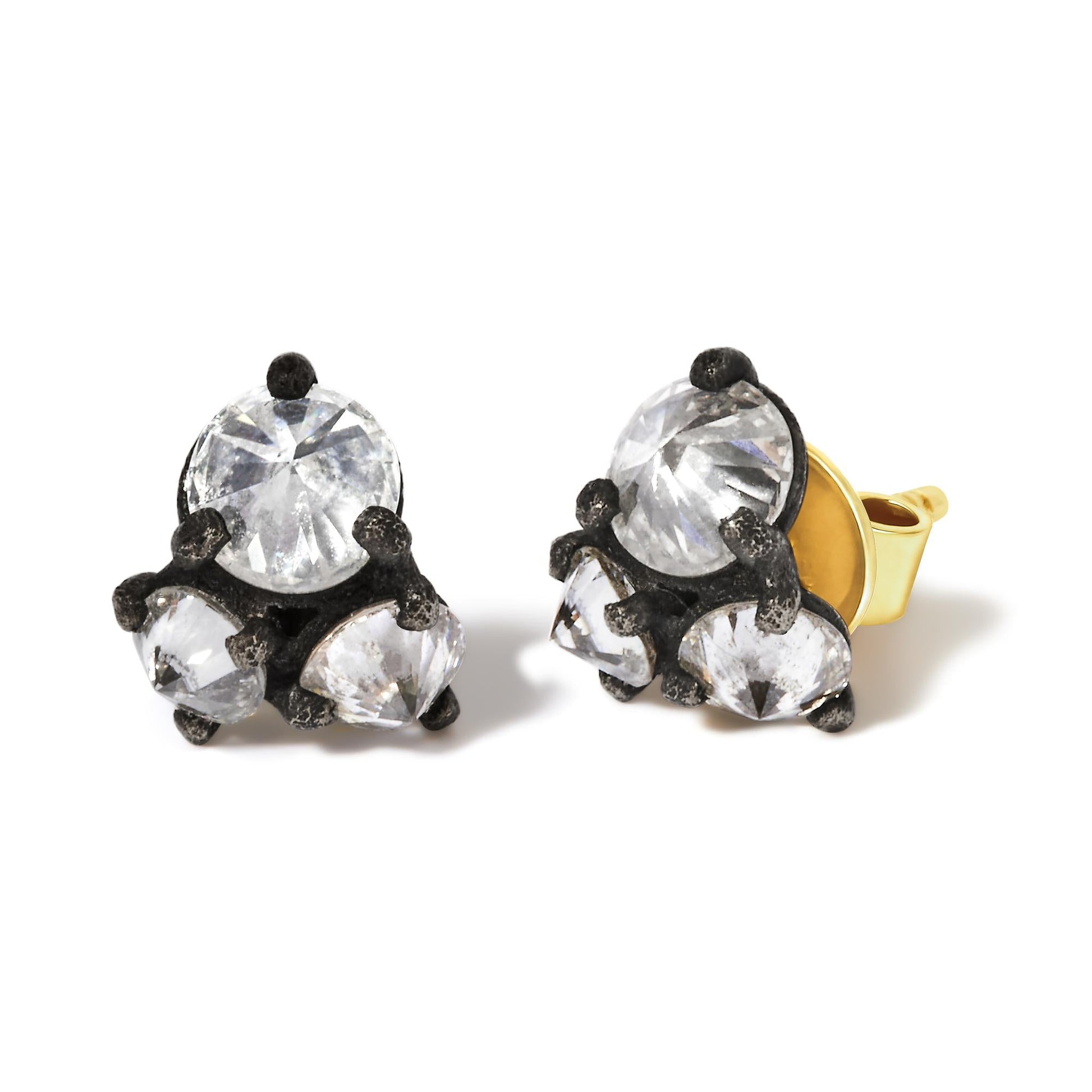 14K Yellow Gold and Black Oxidized Reverse Set 1 1/4 Cttw Diamond Trio Stud