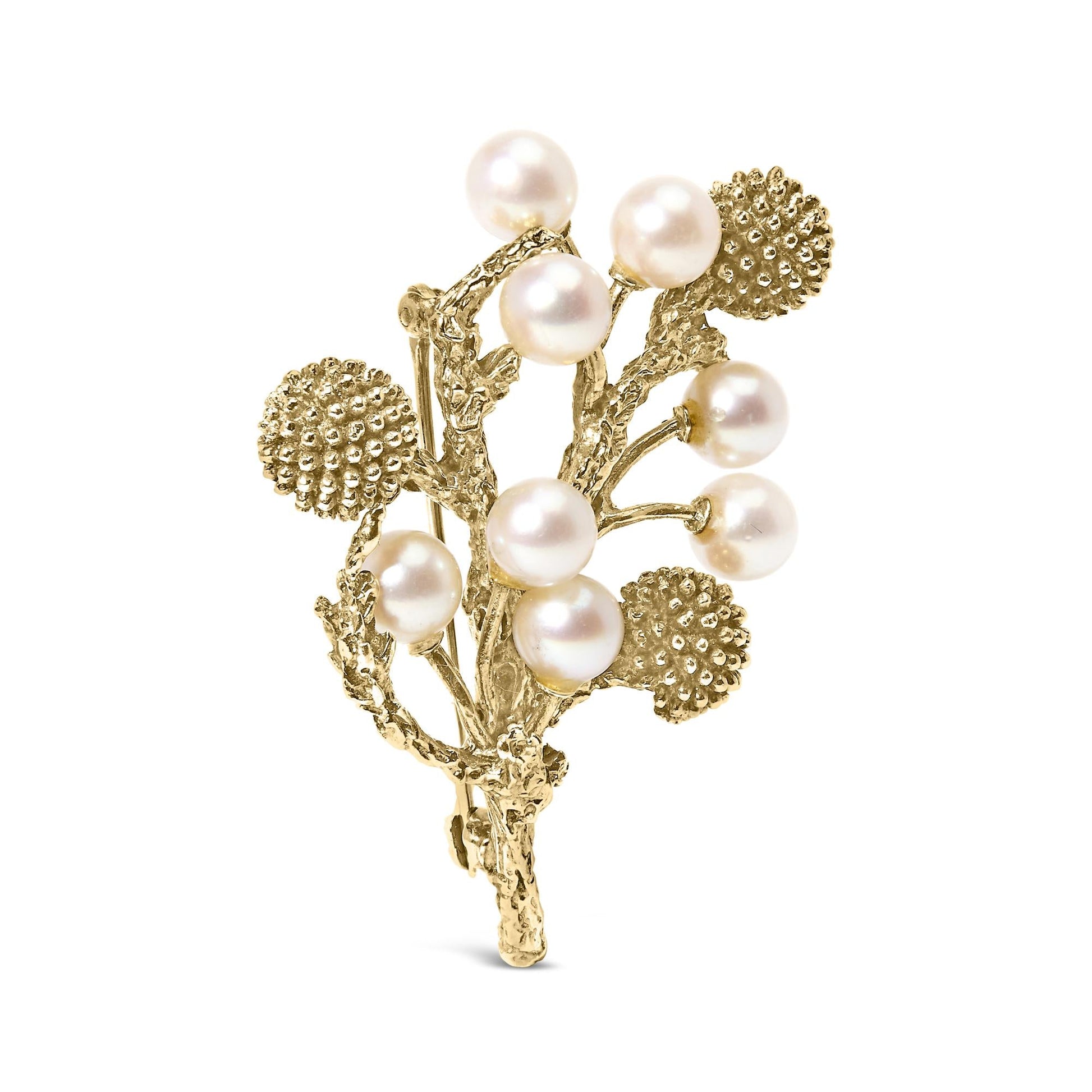 18K Yellow Gold Cultured Akoya Pearl Tree Branch Brooch Pin with Hammered