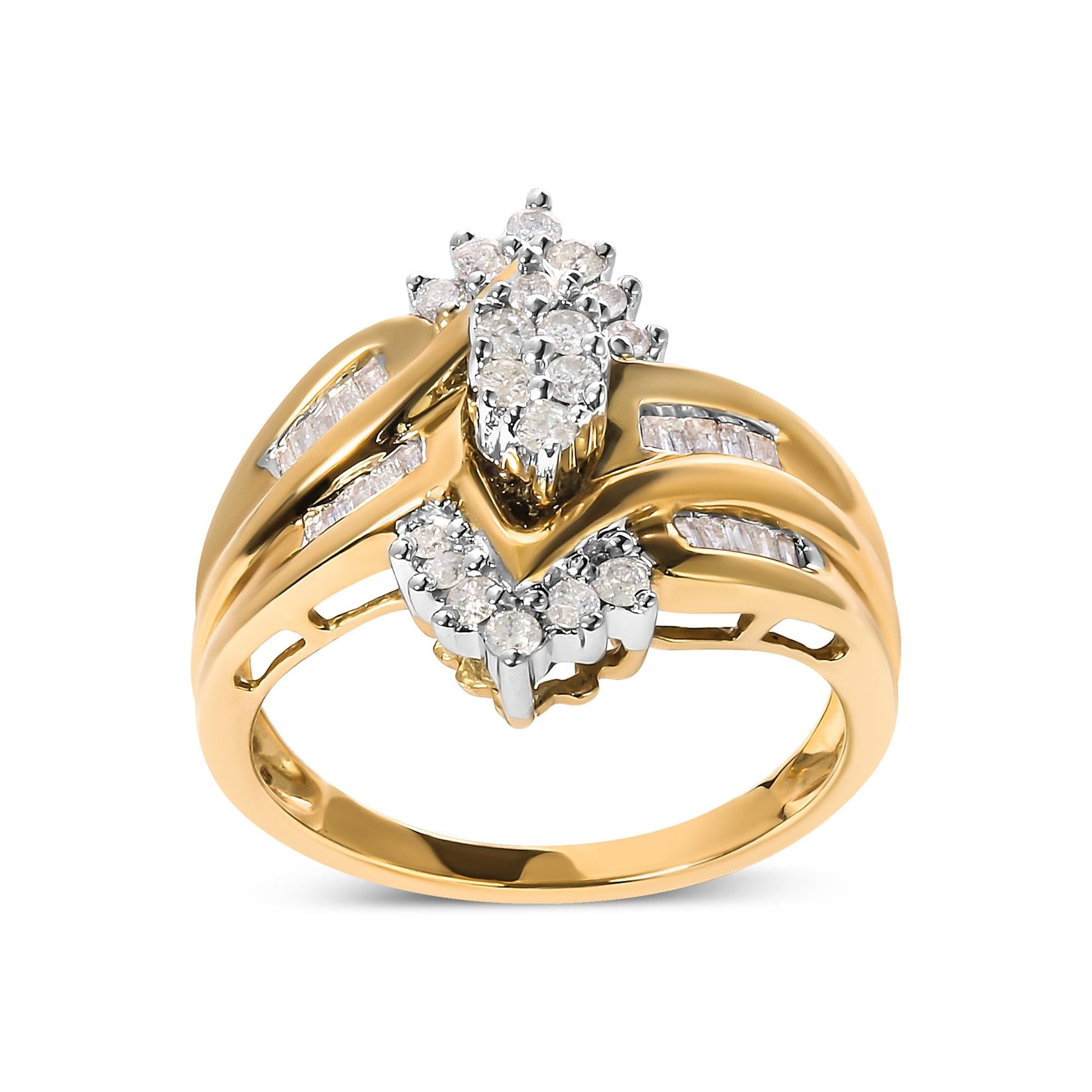 10K Two-Toned 1/2 Cttw Round And Baguette-Cut Composite Pear Head Diamond Ring