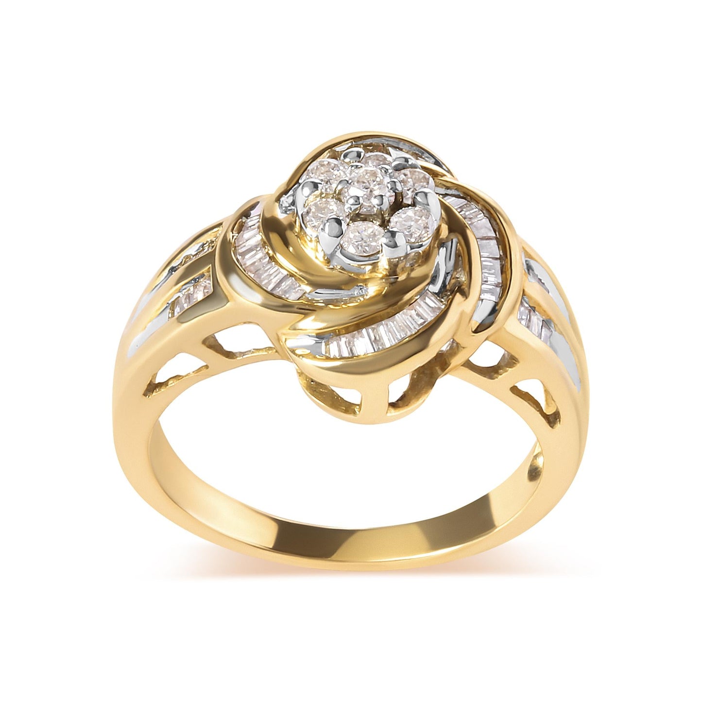 10K Yellow Gold 1/2 Cttw Round and Baguette Diamond Flower Swirl Cocktail Ring