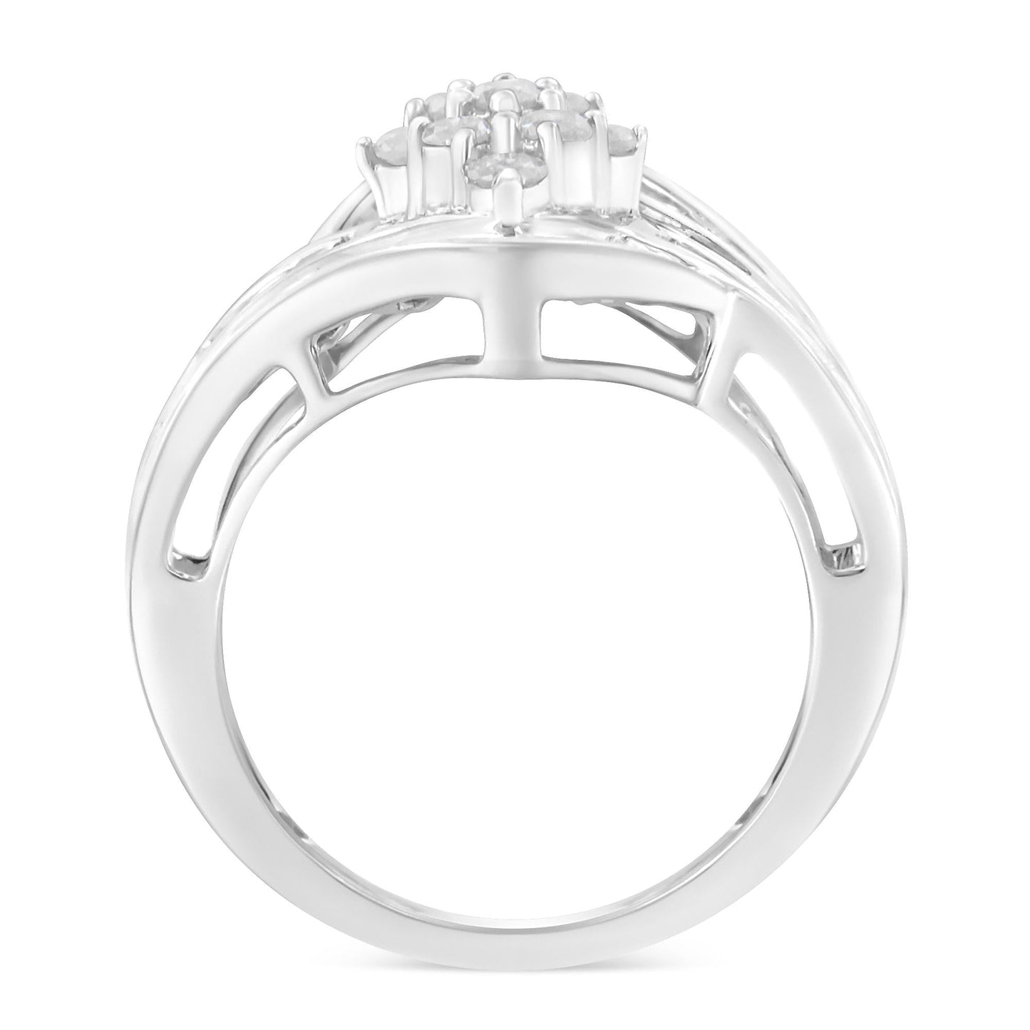 .925 Sterling Silver 1.0 Cttw Round & Baguette Cut Diamond Bypass Faux-Wrap Cluster Engagement or Cocktail Ring (I-J Color, I2-I3 Clarity)