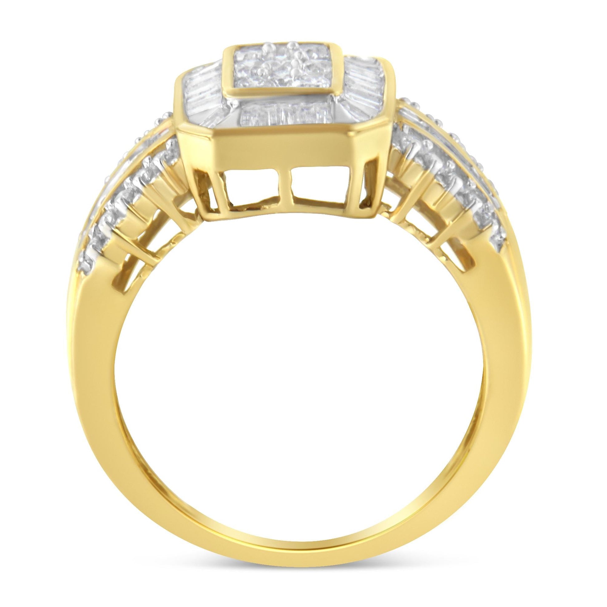 10K Yellow Gold Round and Baguette-Cut Diamond Cocktail Ring (1.0 Cttw H-I