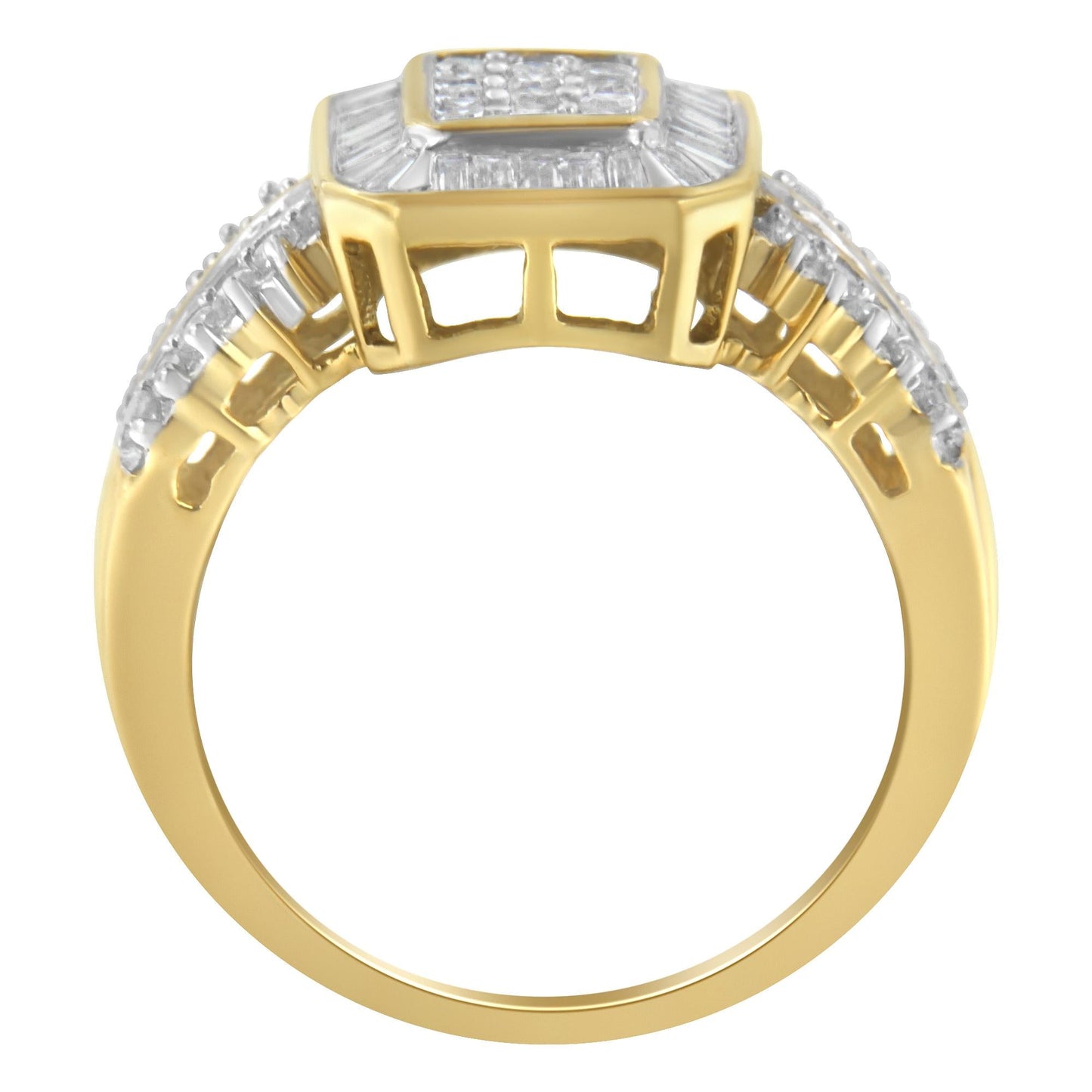 10K Yellow Gold Round and Baguette-Cut Diamond Cluster Ring (1.0 Cttw I-J Color