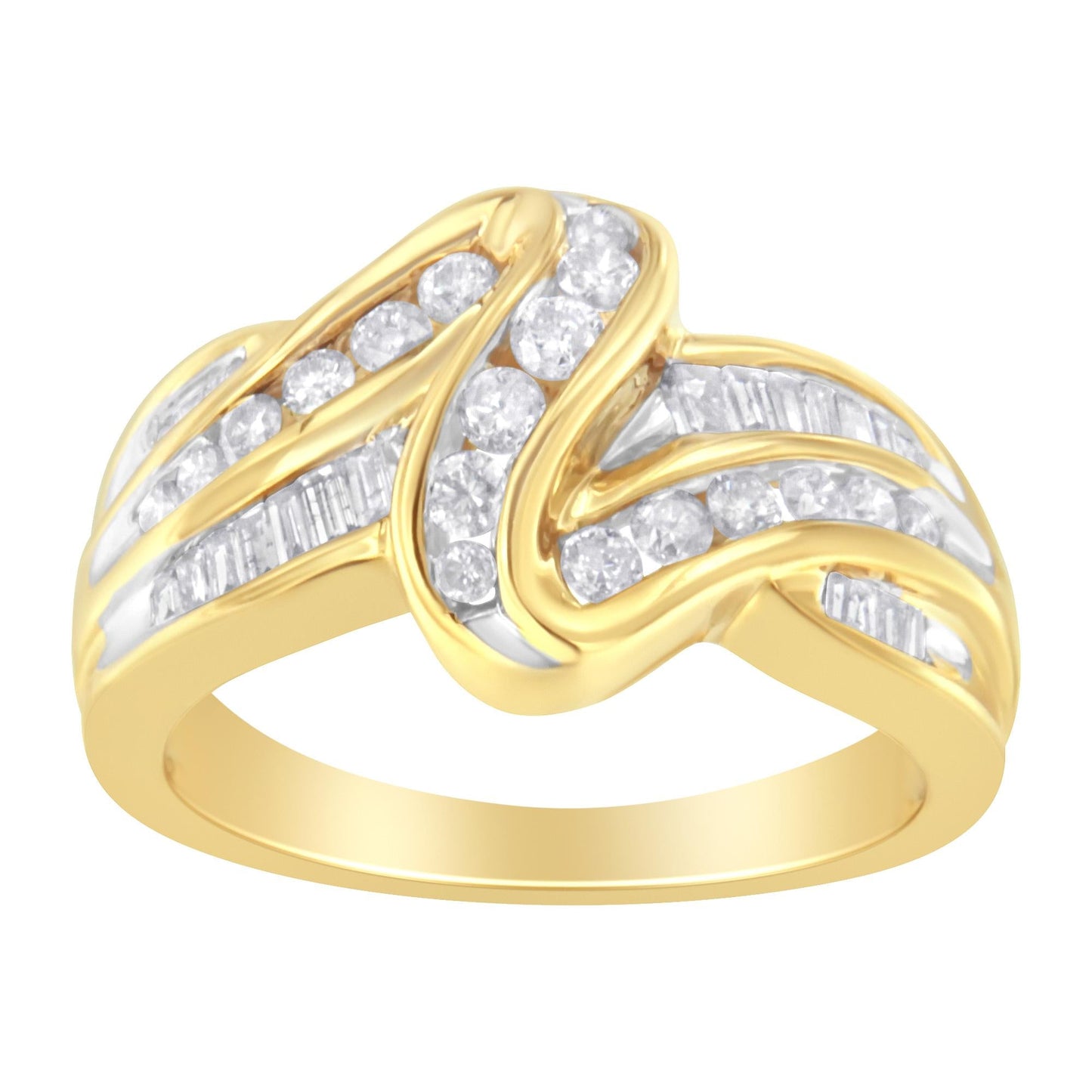 10K Yellow Gold 3/4 Cttw Channel Set Round and Baguette-cut Diamond Double