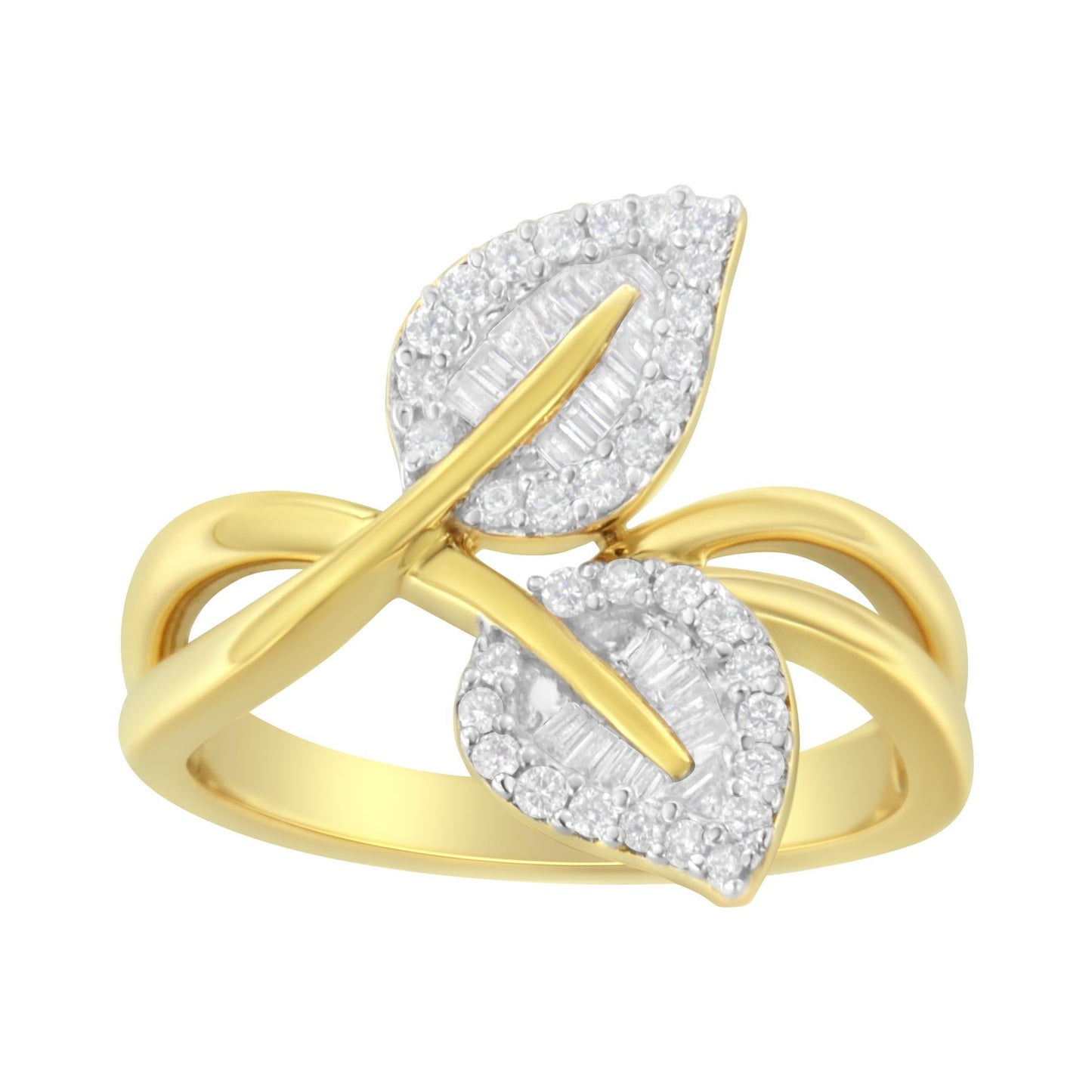 10K Yellow Gold 3/8 Cttw Round and Baguette-Cut Diamond Leaf Cocktail Ring (I-J