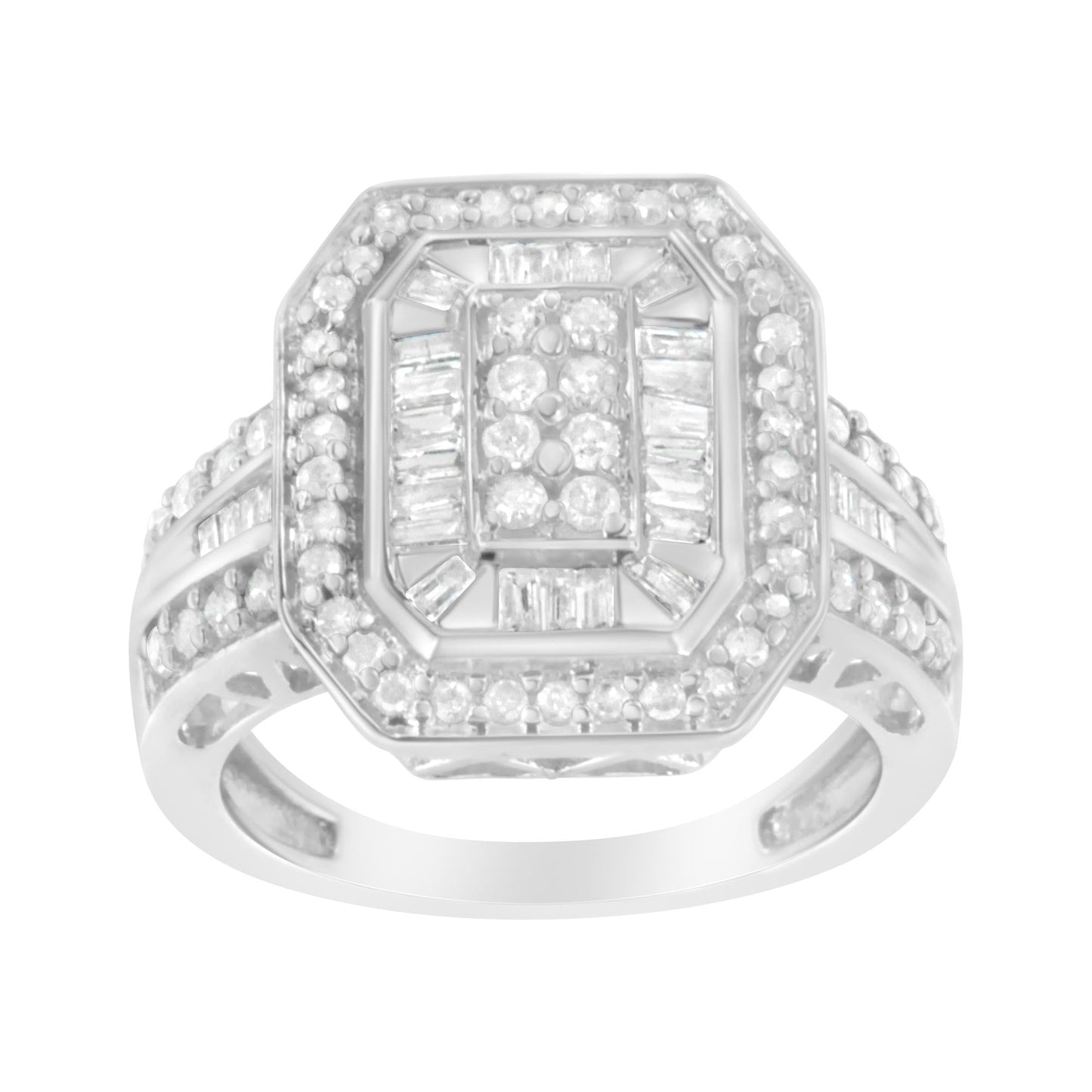 .925 Sterling Silver Round and Baguette Diamond Cathedral Ring (0.75 Cttw H-I