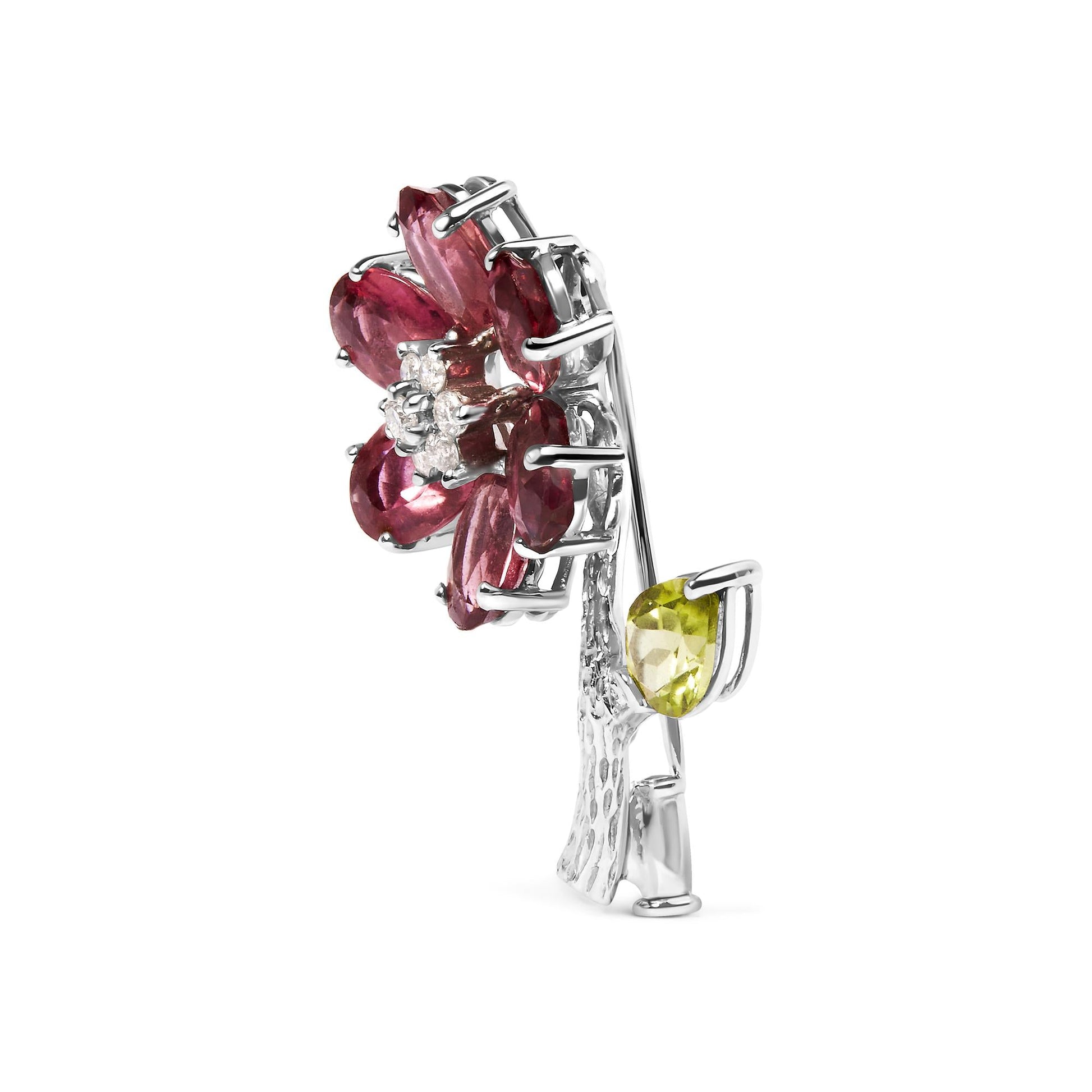 18K White Gold 1/3 Cttw Diamond Pink Tourmaline and Green Peridot Flower