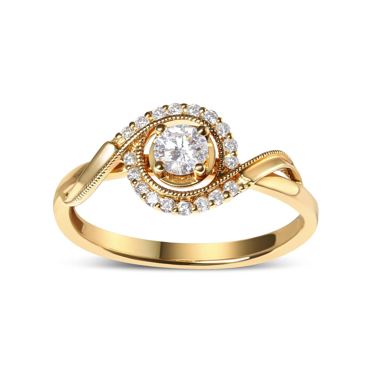 14K Yellow Gold 1/3 Cttw Diamond Solitaire and Halo Swirl Engagement Ring (G-H Color, VS2-SI1 Clarity)- Size 7