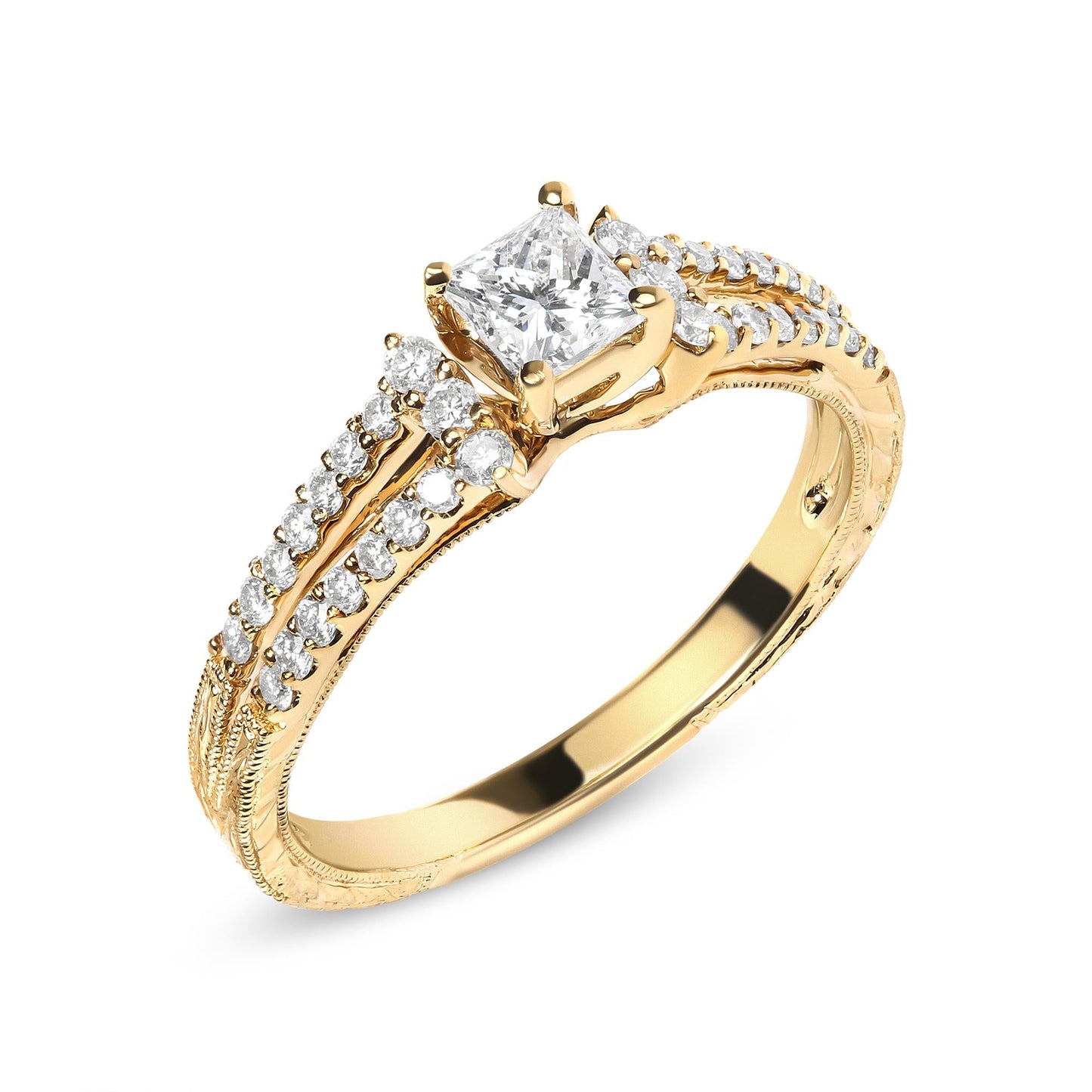 14K Yellow Gold Diamond 5/8 Cttw Princess Diamond Split Shank and Milgrain Engagement Ring (G-H Color, VS2-SI1 Clarity) - Size 7