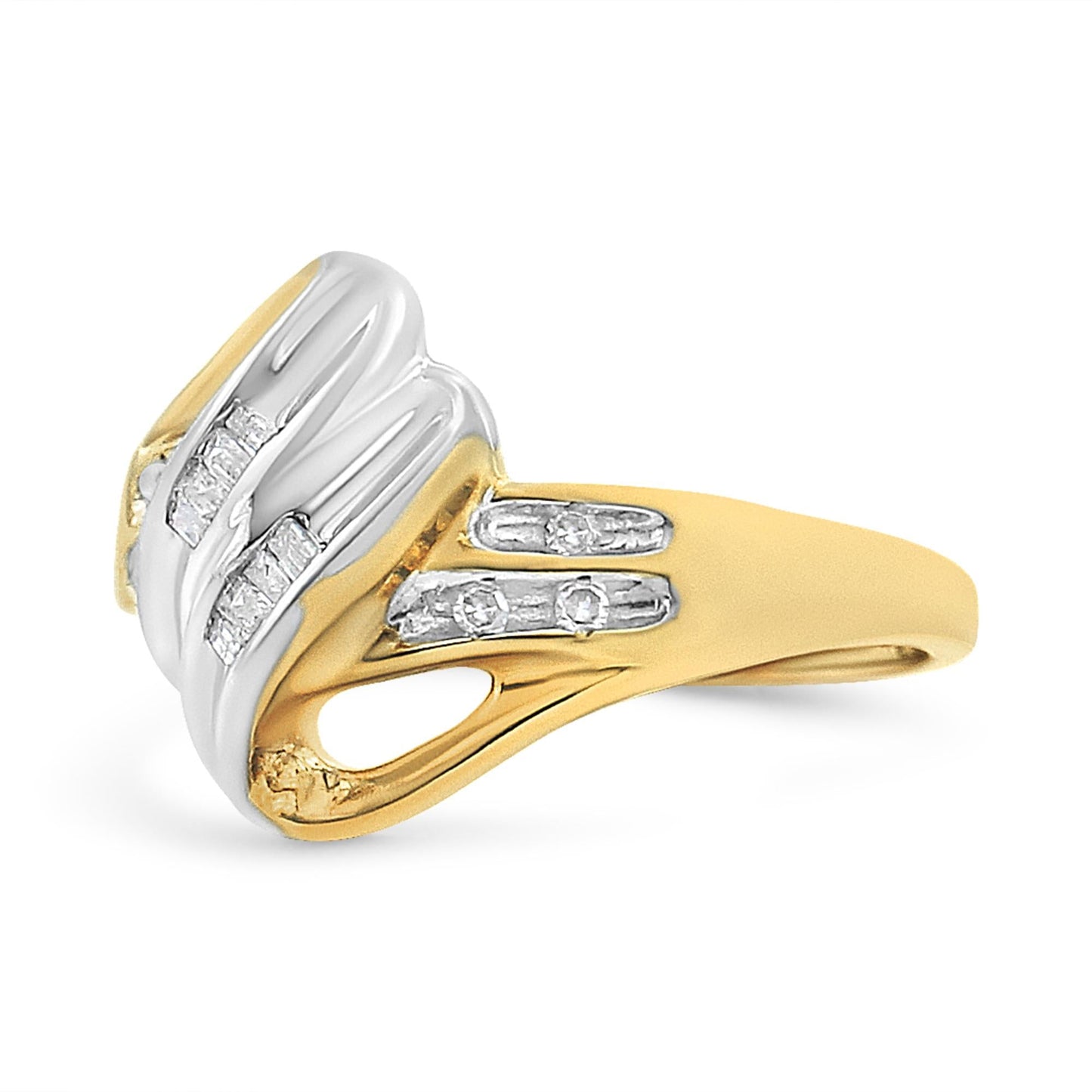 10K Yellow and White Gold 1.00 Cttw Round And Baguette-Cut Diamond Accent Bypass Ring (H-I Color, I2-I3 Clarity)