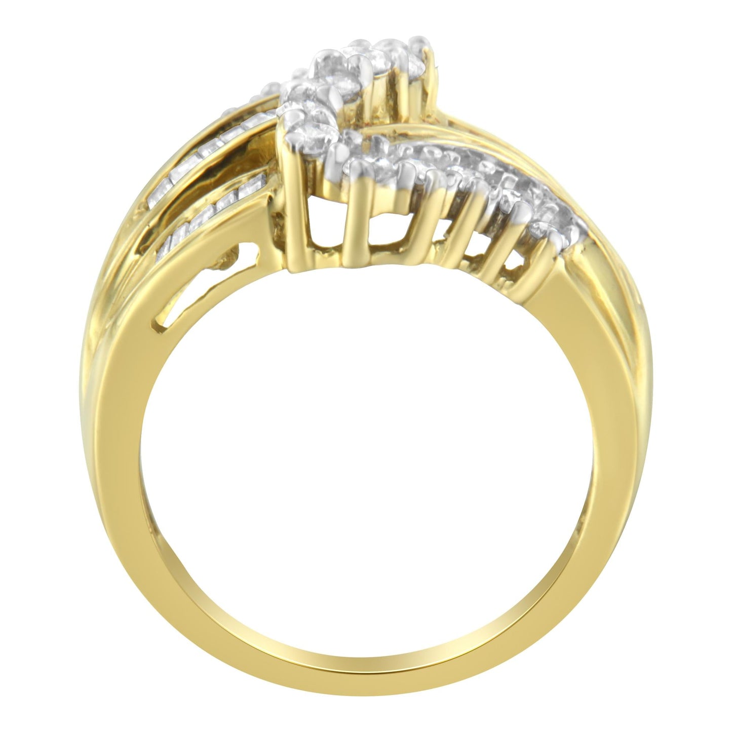 10K Yellow Gold Round and Baguette Cut Diamond Bypass Ring (1 Cttw J-K Color