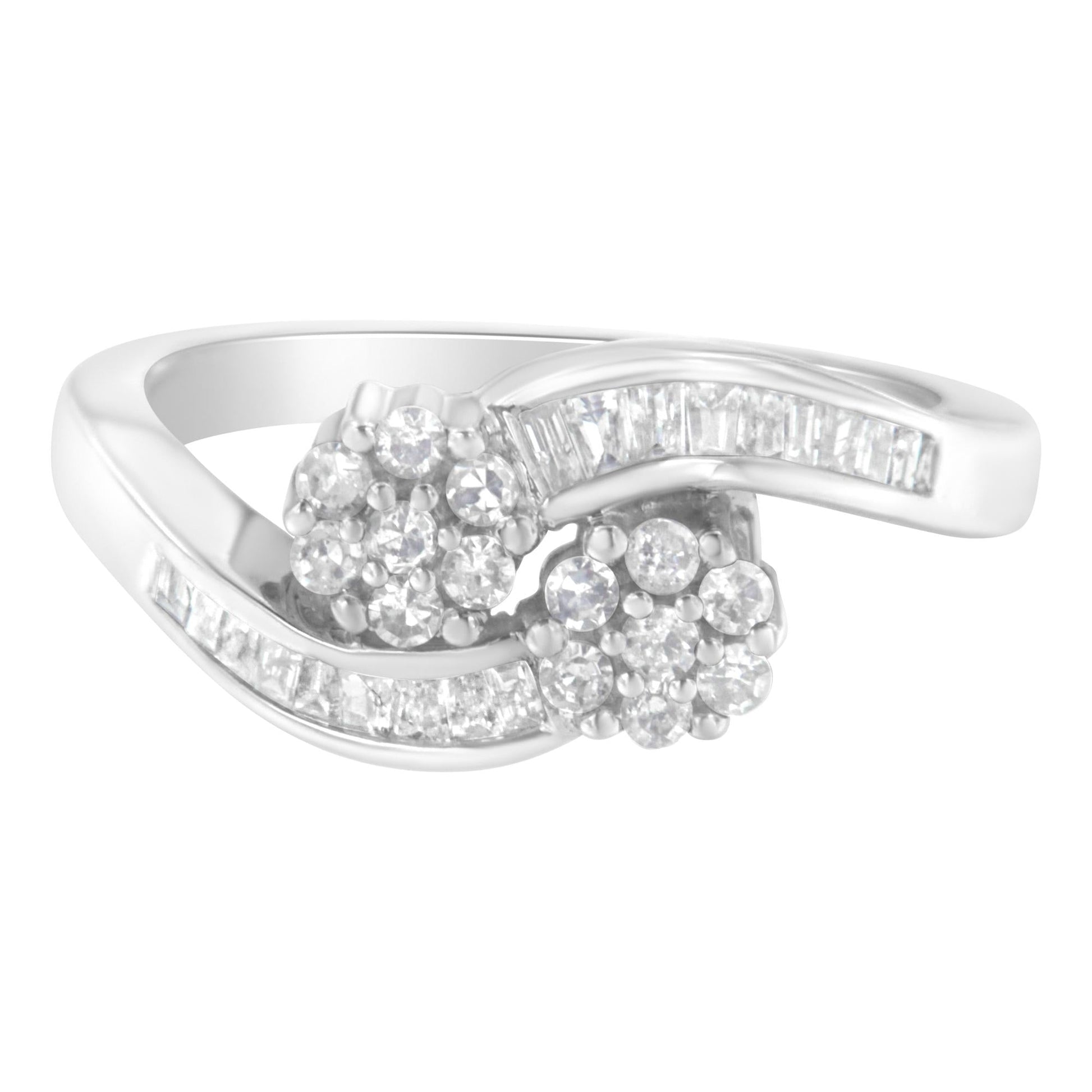 14K White Gold Round and Baguette Diamond Bypass Ring (1/2 cttw H-I Color I1-I2