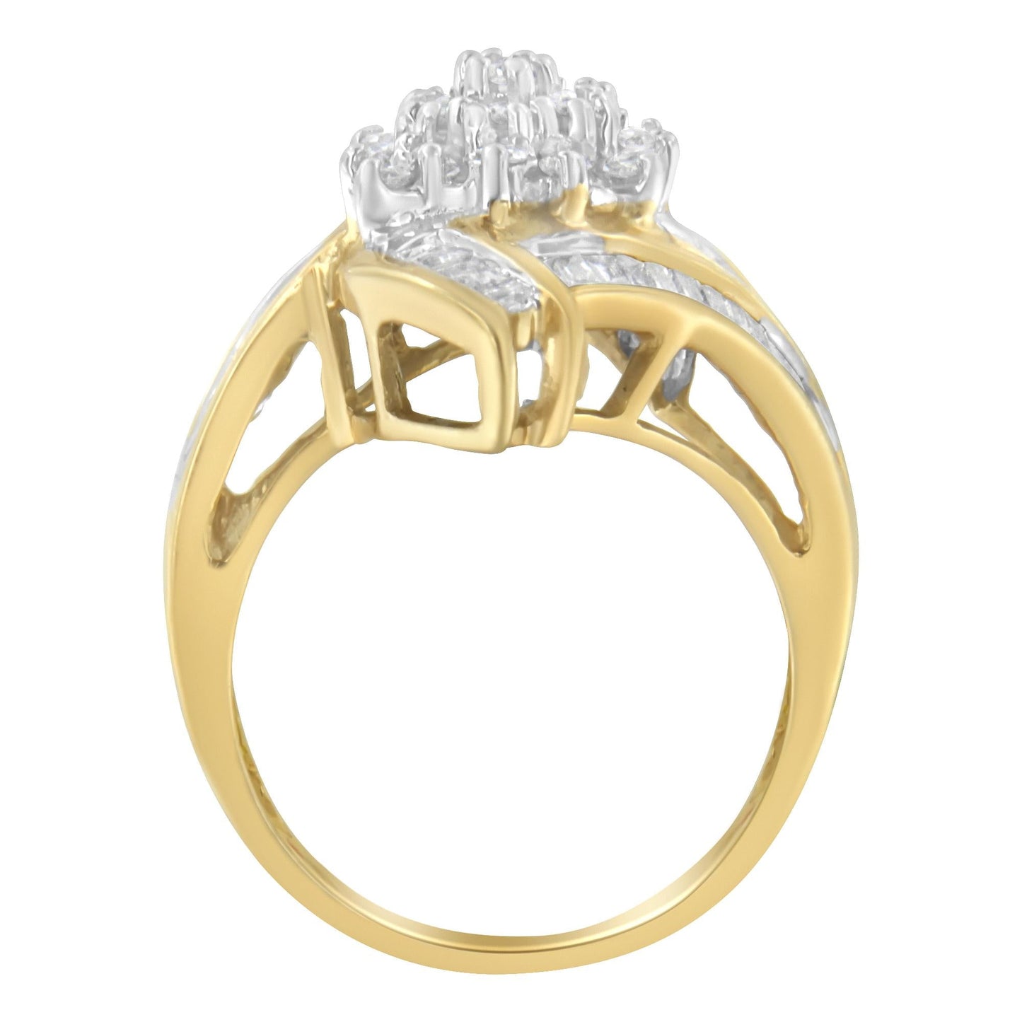 10K Yellow Gold Round and Baguette-Cut Diamond Bypass Cluster Ring (1.0 Cttw